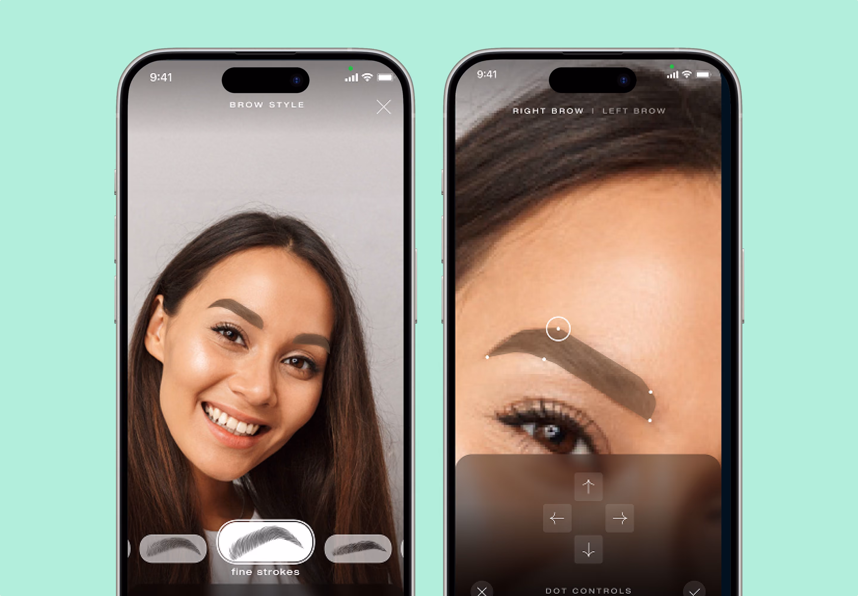 Two phone screens showing an app for editing and styling eyebrows on a woman's face.