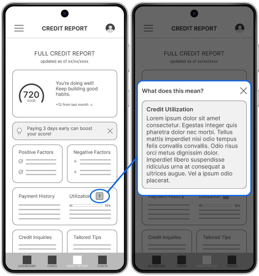Credit report screen with 720 score and tooltip explaining credit utilization after tapping information icon.