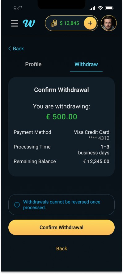 Mobile withdrawal confirmation
