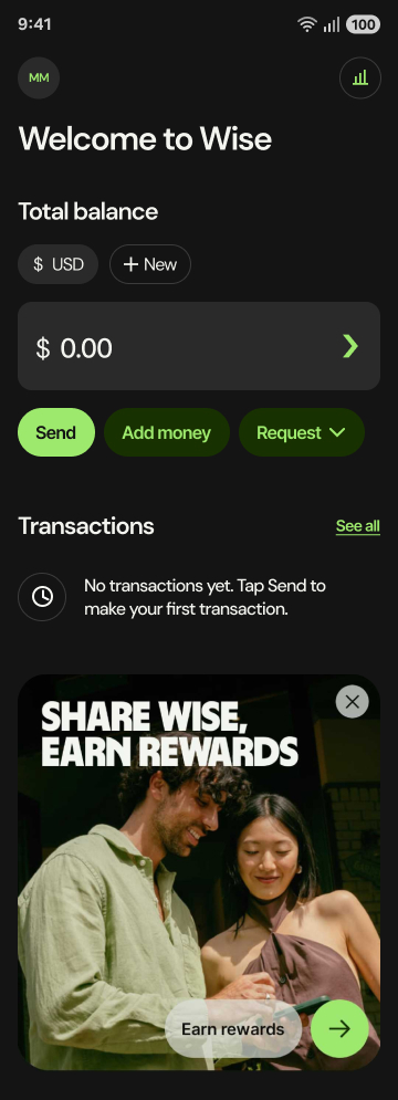 Redesigned Wise home screen