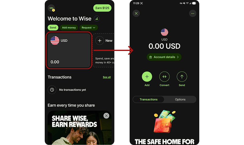 Original Wise home screen &ndash; hidden card depth