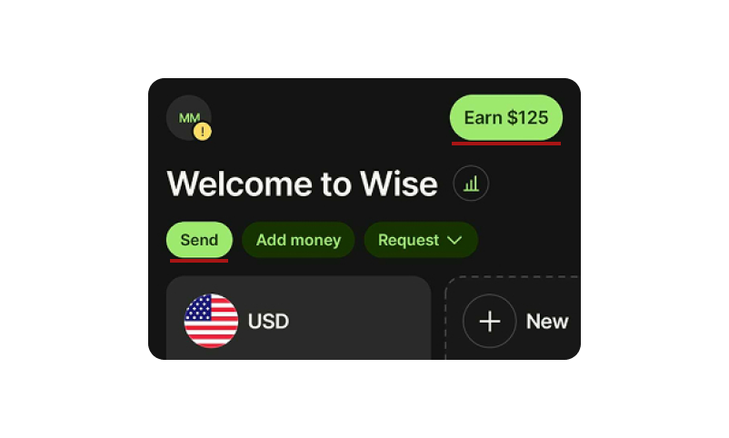 Original Wise home screen &ndash; Earn $125 prominence