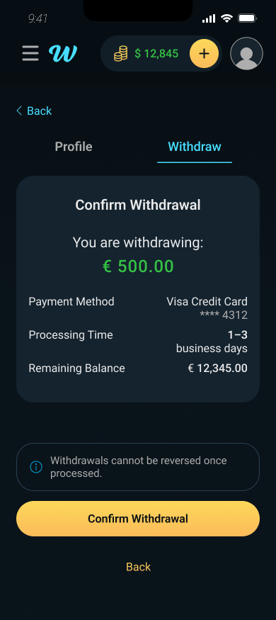 Withdrawal confirmation