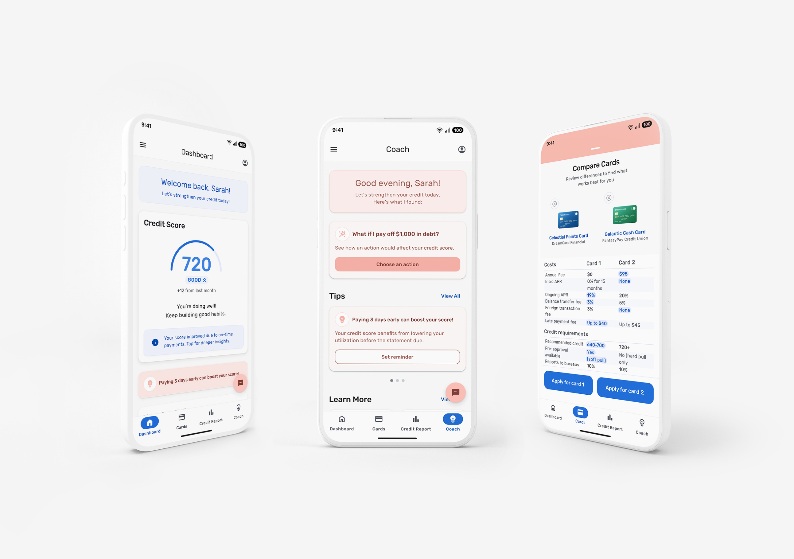 Three high-fidelity mobile screens showing dashboard with 720 credit score, Coach screen with debt simulation prompt, and card comparison table with fees and APR details.