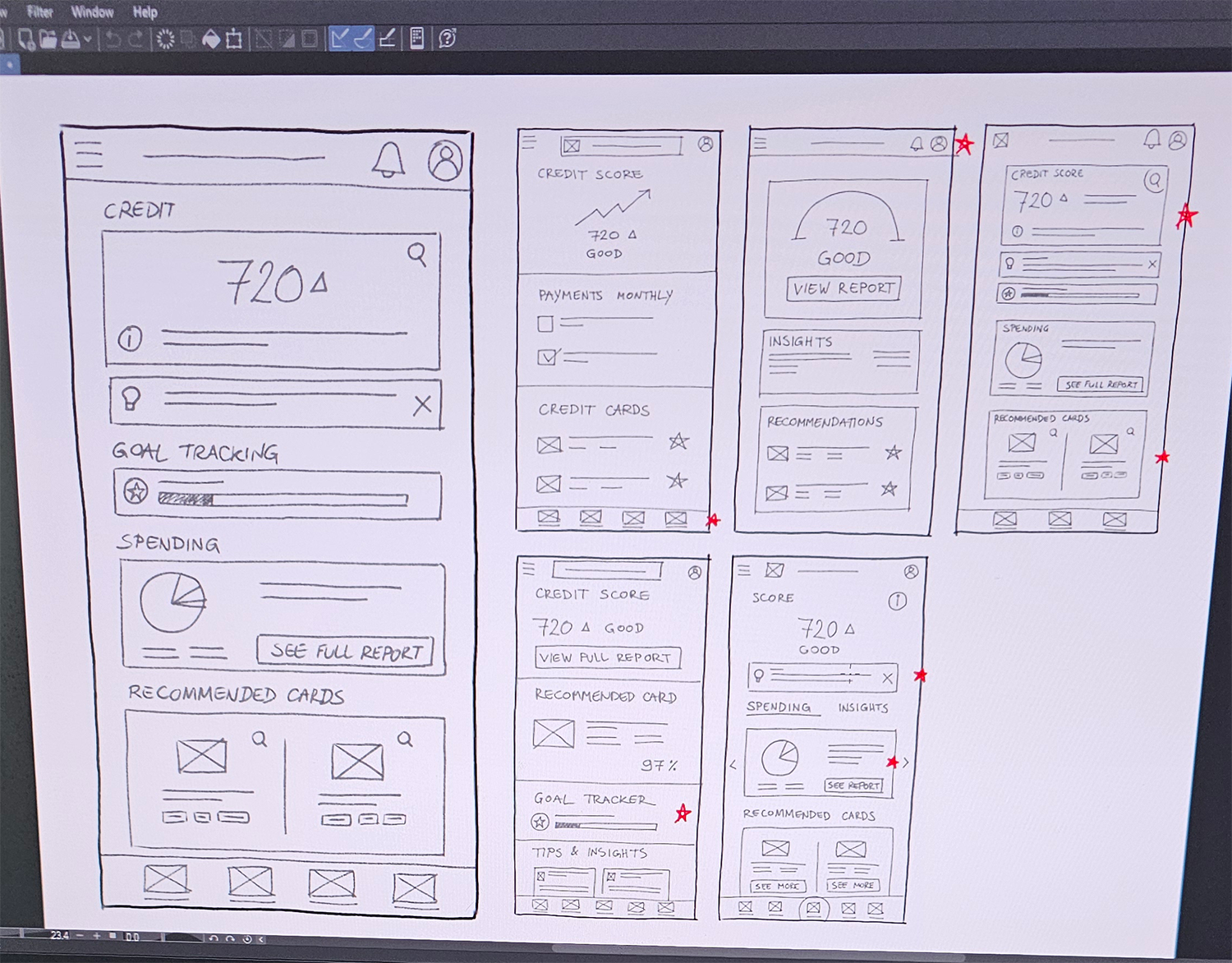 Photographs of early wireframes, including digital sketches and hand-drawn notebook layouts of credit dashboard and card screens.