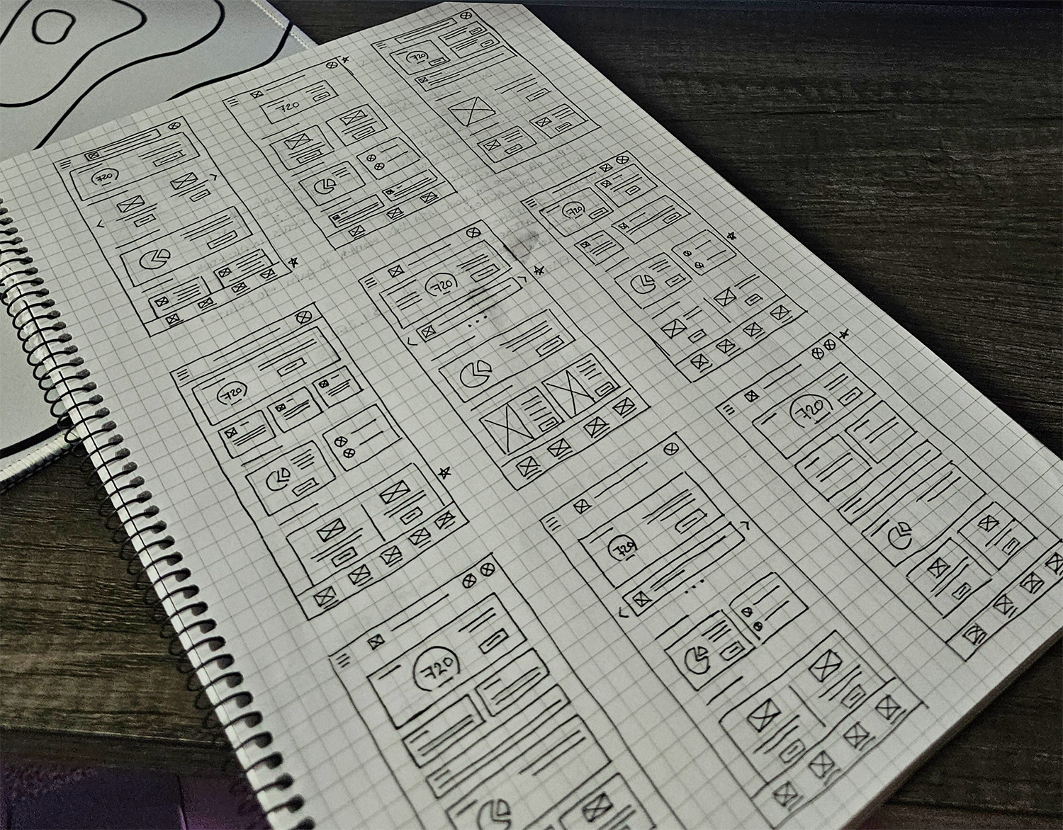 Photographs of early wireframes, including digital sketches and hand-drawn notebook layouts of credit dashboard and card screens.