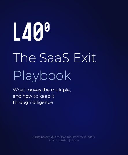 Cover of SaaS Exit Playbook with subtitle and L40° logo on a dark blue background.