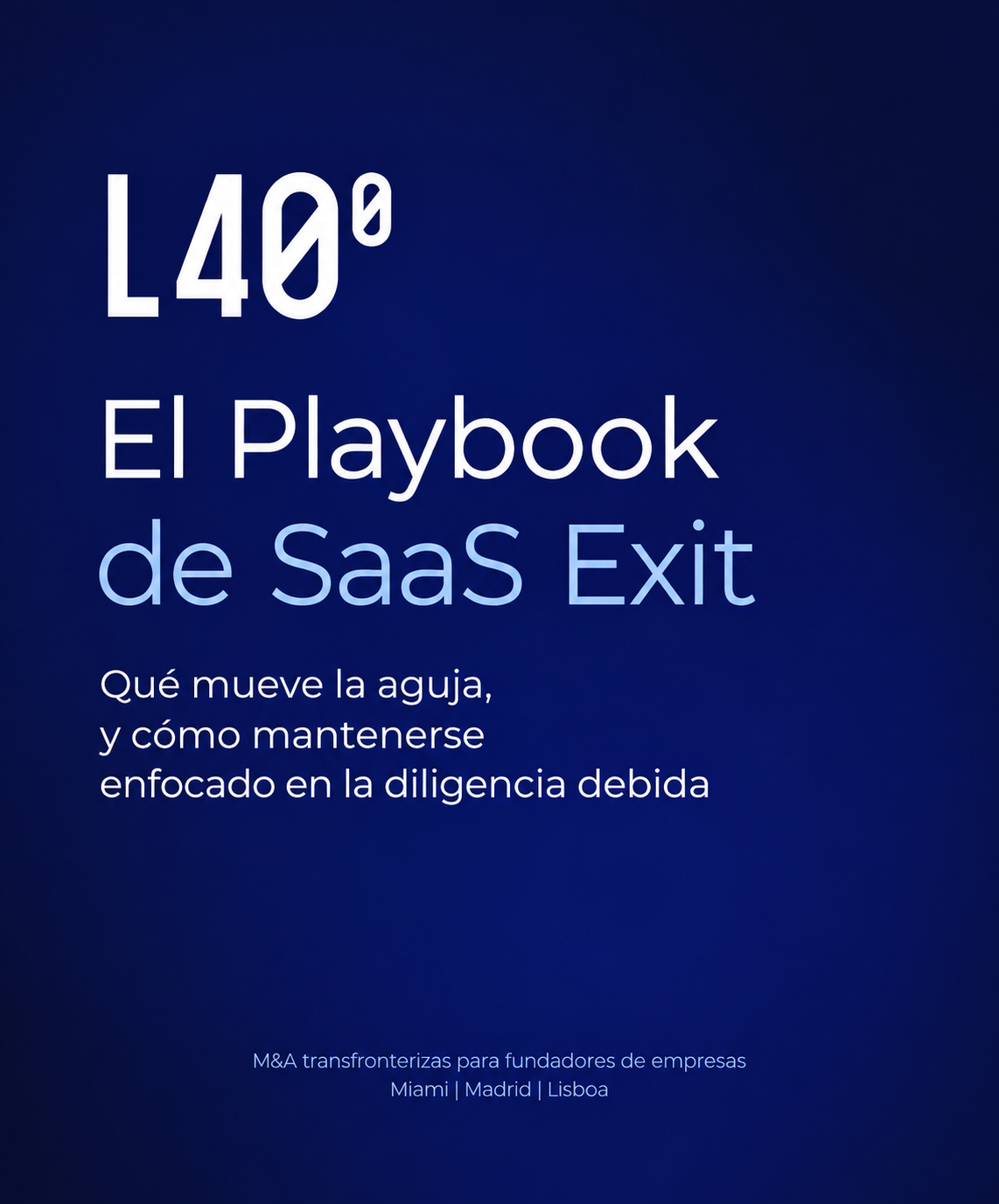 Portada del SaaS Exit Playbook con subtítulo y logotipo de L40° sobre un fondo azul oscuro.