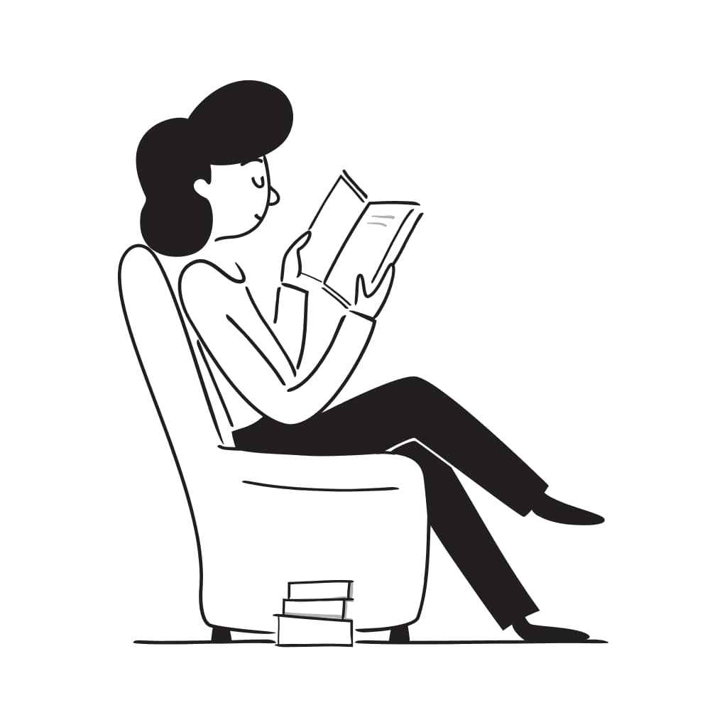 A woman sitting while reading a book, representing the waitlist for the Fluent with Stories A1 Spanish Course.
