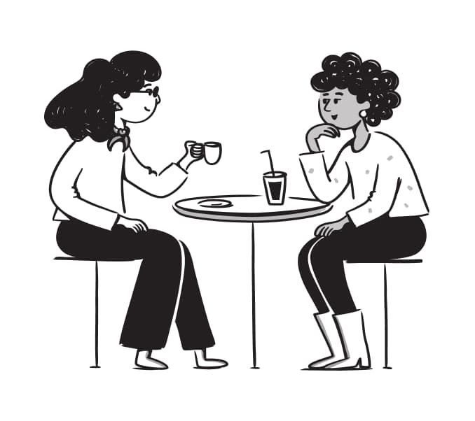 Illustration of two women having a conversation over coffee, representing understanding Spanish speakers in everyday situations