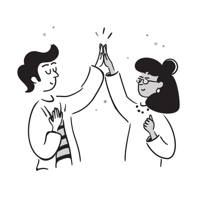Illustration of two people giving a high five, representing the development of comprehensive language skills through practice