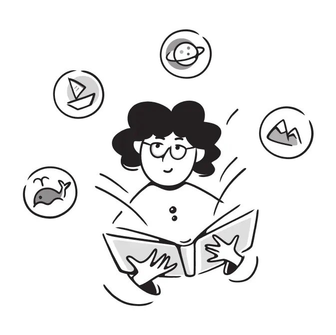 A girl reading a Spanish storybook with simple icons around them, symbolizing the A1 course features like stories, audio and practice.