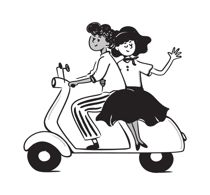 A man driving a motorbike with a woman waving on the back seat