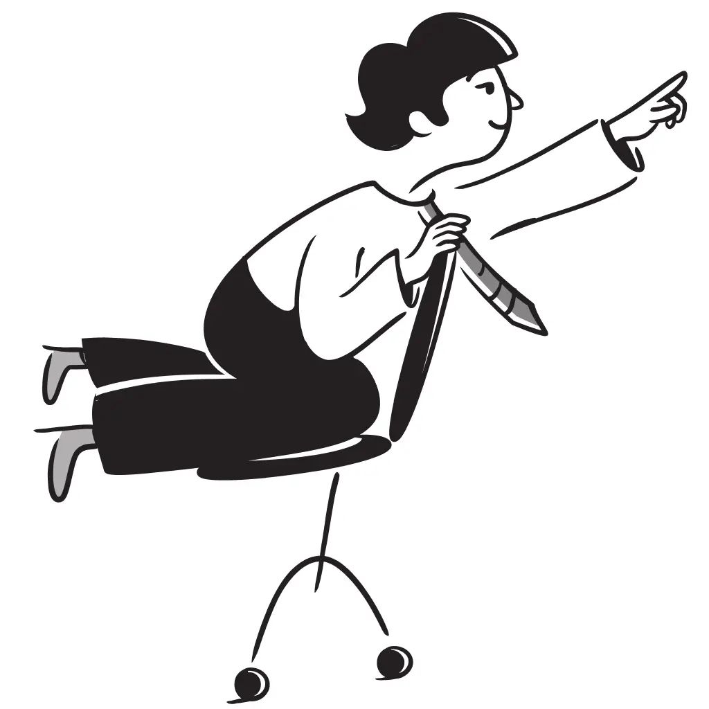 A man sitting on a chair pointing in front of him