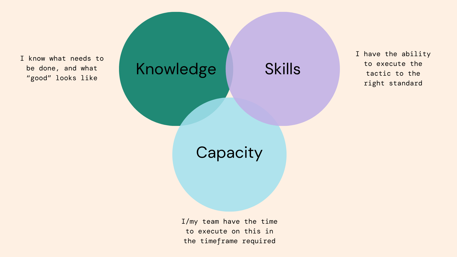 A venn diagramshowing the three elements needed for successful marketing: Knowledge, skills and capacity.