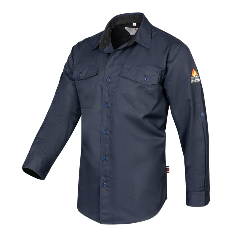 Button Down Shirt Navy FR Lenzing Aramid — Flamesafe flame-resistant workwear – view 1