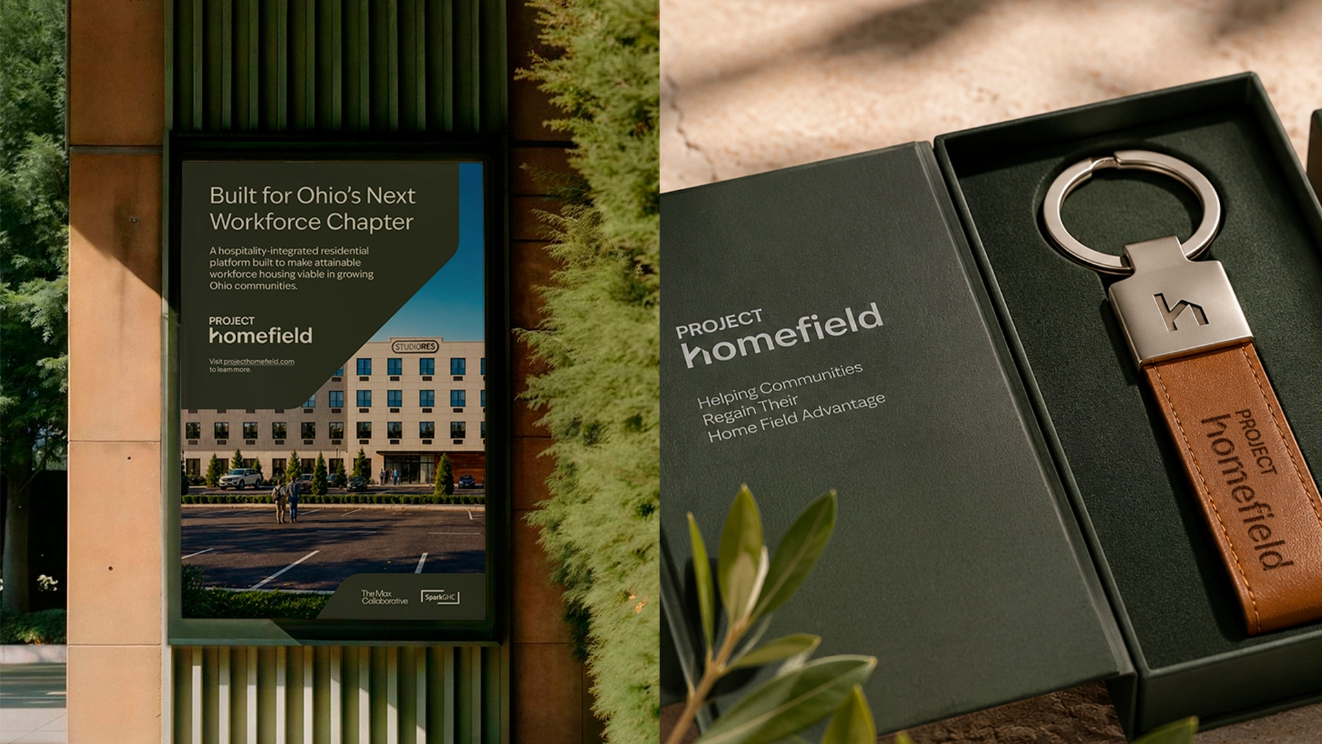 Project Homefield digital signage and a branded keychain in a gift box