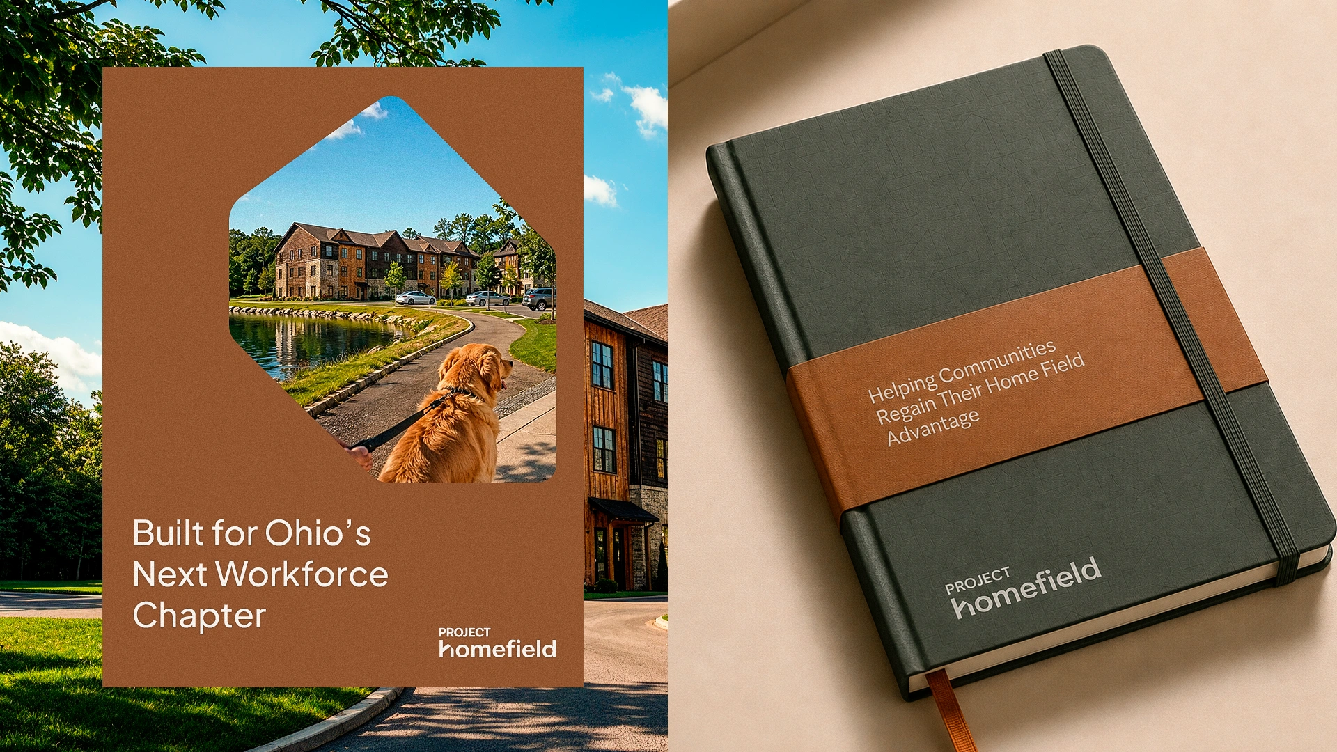 Project Homefield brochure cover and branded notebook
