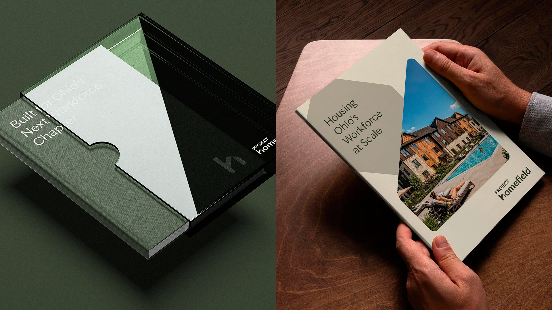 Project Homefield hardcover book in a slipcase and a brochure held in hand