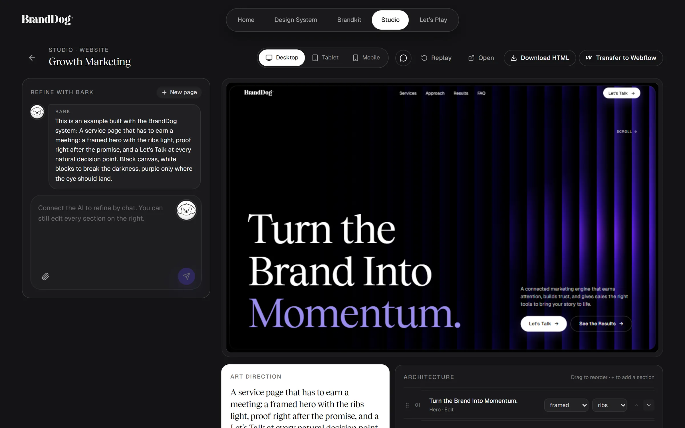 Brand Studio landing page studio with desktop, tablet and mobile preview, a reorderable section list and a Transfer to Webflow button