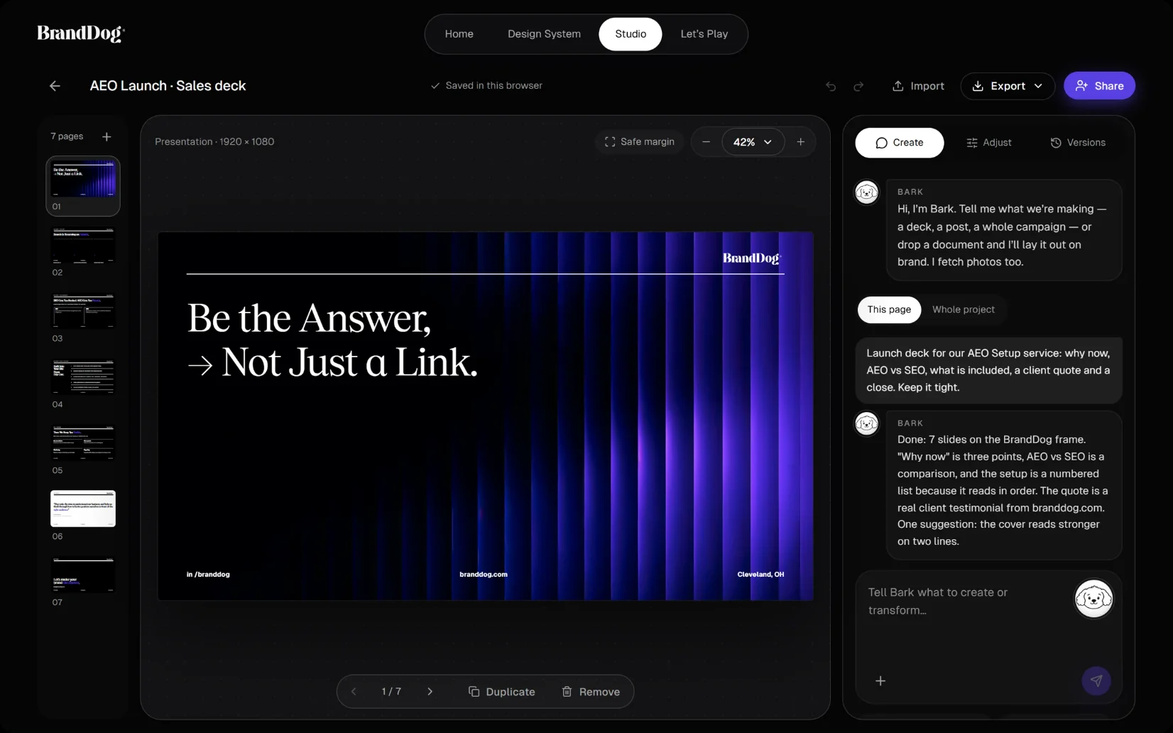 Brand Studio chat after building a seven-slide sales deck from a short brief