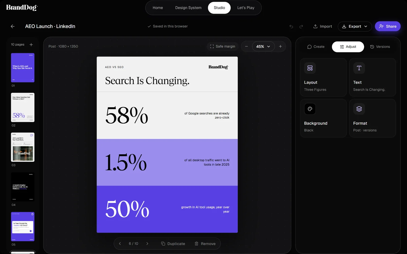 The Adjust panel with layout, text, background and format controls