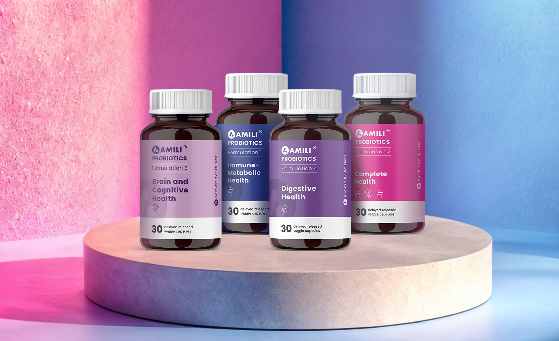 AMILI Probiotics product lineup showing four supplement bottles: Brain and Cognitive Health, Immune-Metabolic Health, Digestive Health, and Complete Health