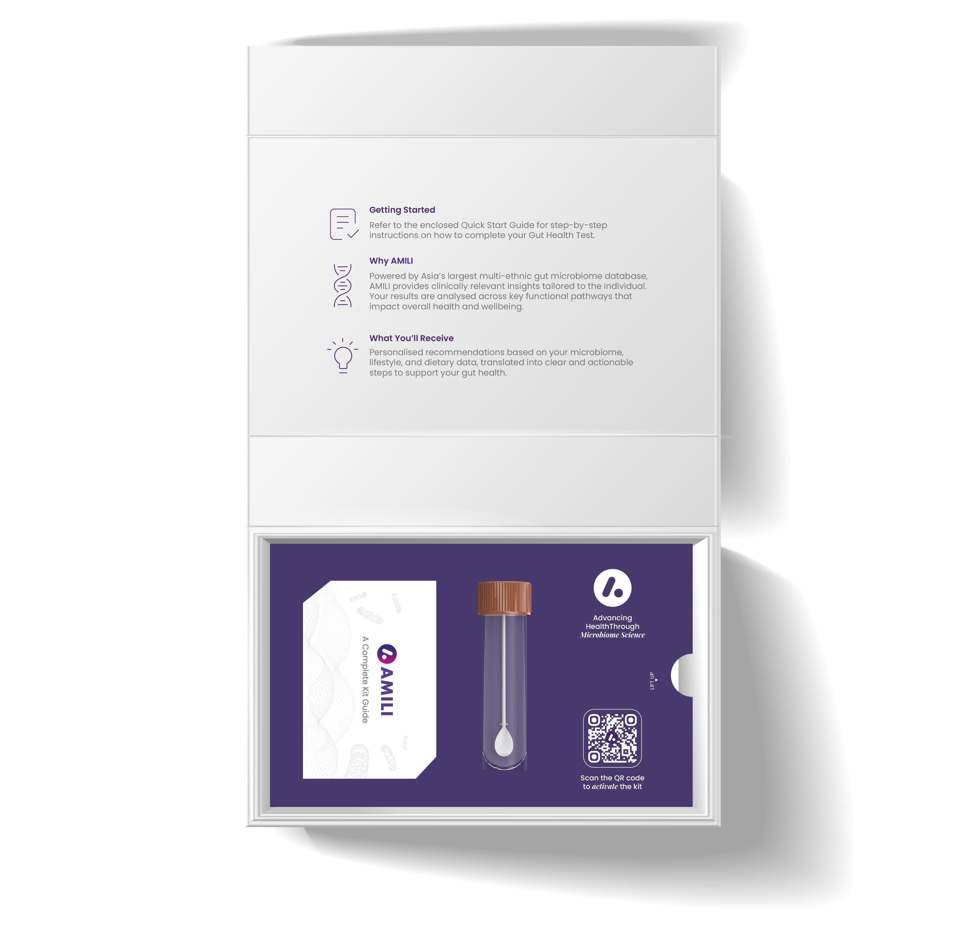 AMILI Gut Health Test Kit and Targeted Probiotics product listing showing sample collection box, activation QR code