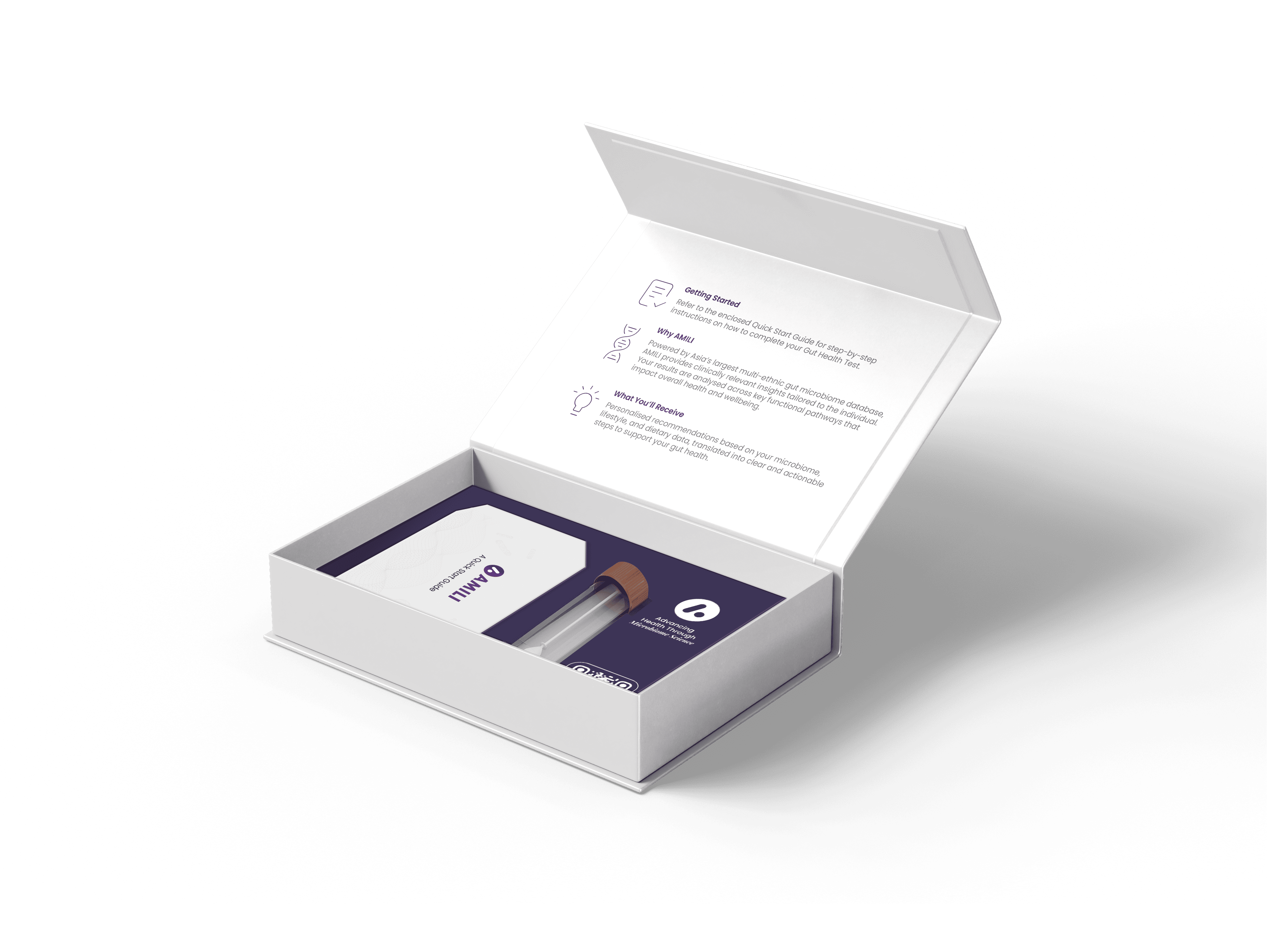 AMILI Gut Health Test kit showing packaging, sample collection tube, and QR code for activation, used for gut microbiome analysis and personalized probiotics