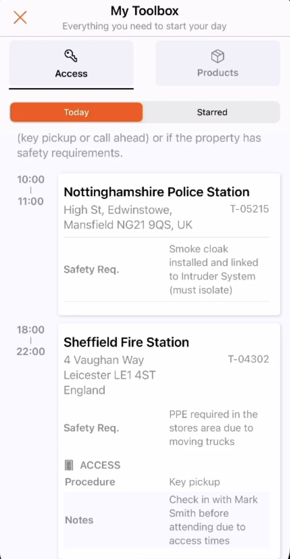 Uptick mobile app My Toolbox screen with site access and safety requirements