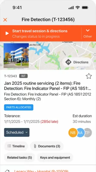 Uptick mobile app job view with map and travel directions