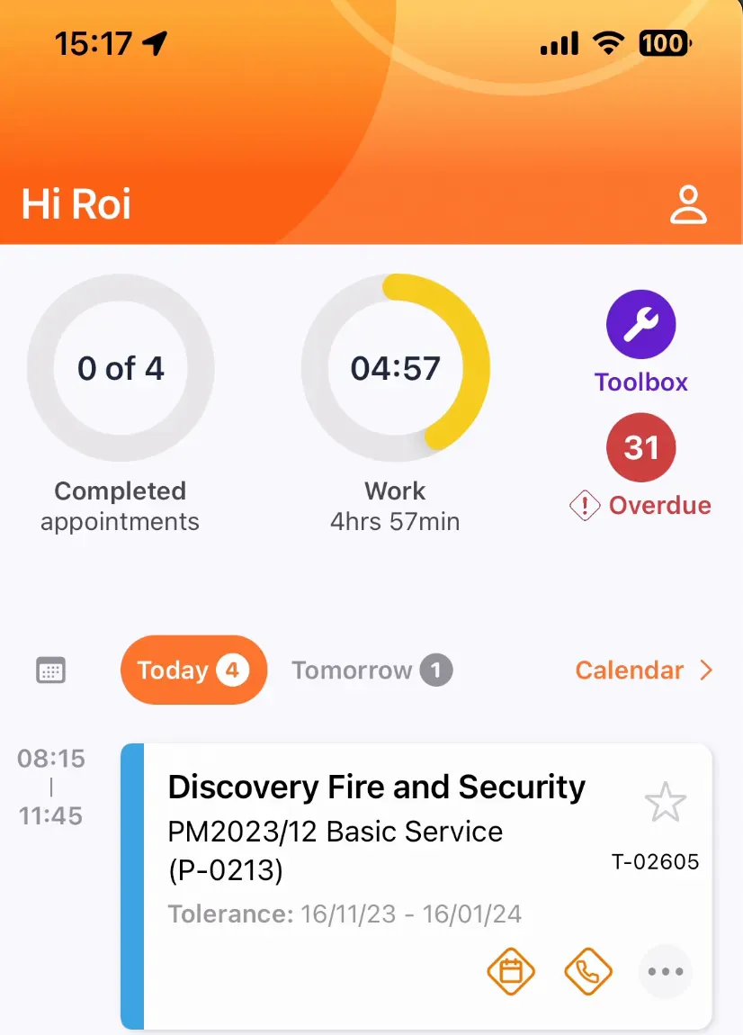 Uptick mobile app home screen with today's appointments