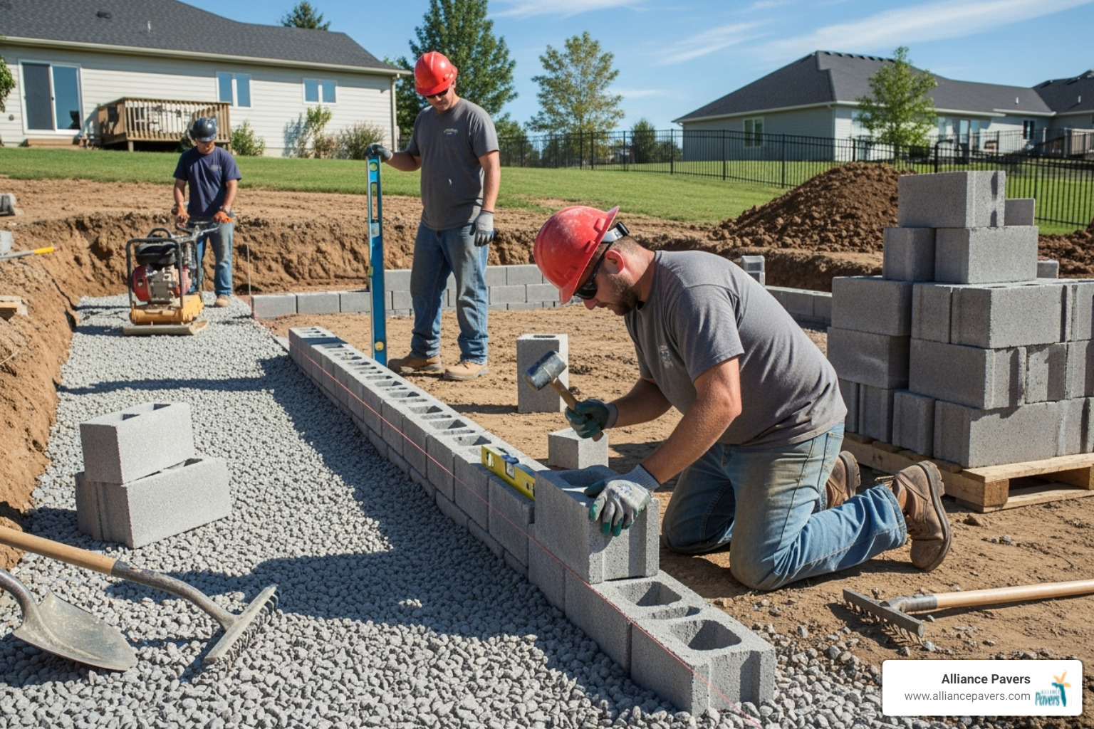 construction crew installing the base course of an SRW - Segmental retaining walls