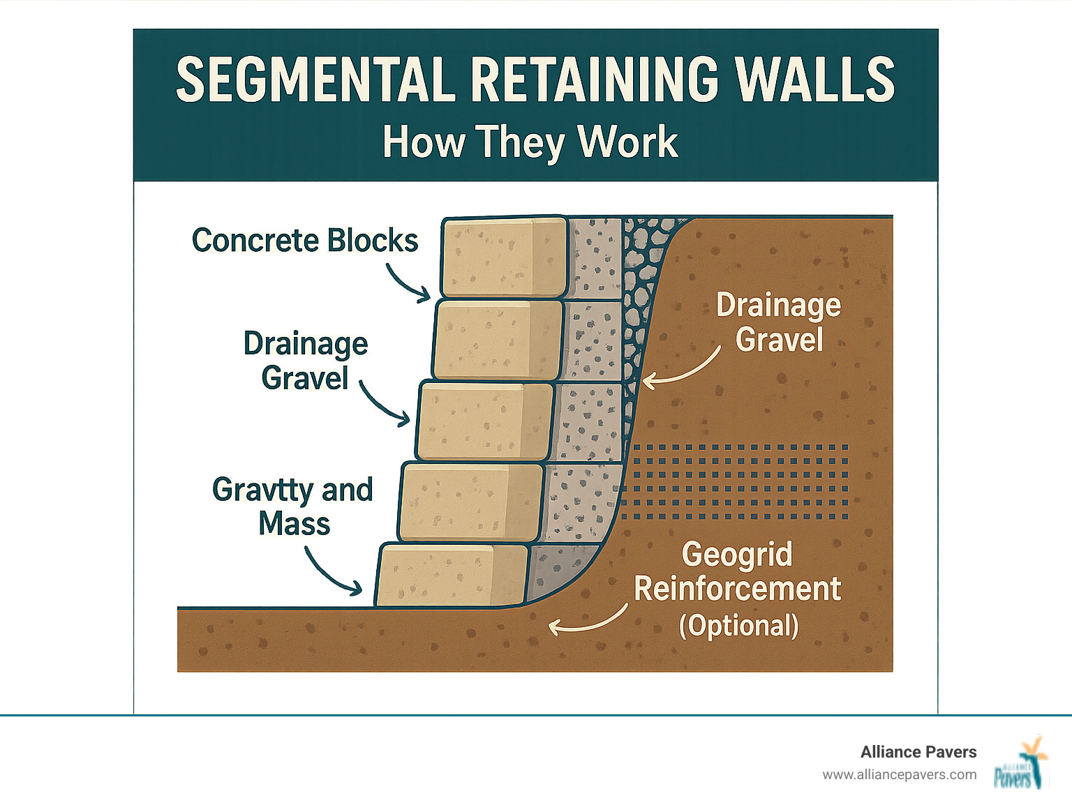 Infographic showing how segmental retaining walls work: concrete blocks stacked without mortar, using gravity and mass for stability, with optional geogrid reinforcement extending into backfill soil for taller walls, and drainage gravel behind blocks to prevent water pressure buildup - Segmental retaining walls infographic 