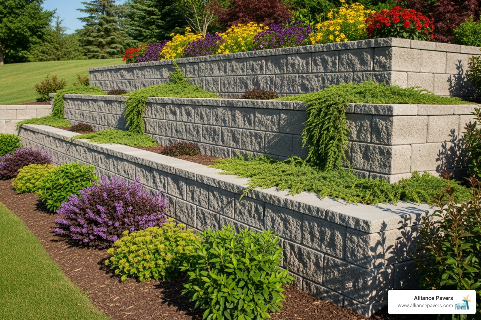 straight, tiered commercial retaining wall - Segmental retaining walls