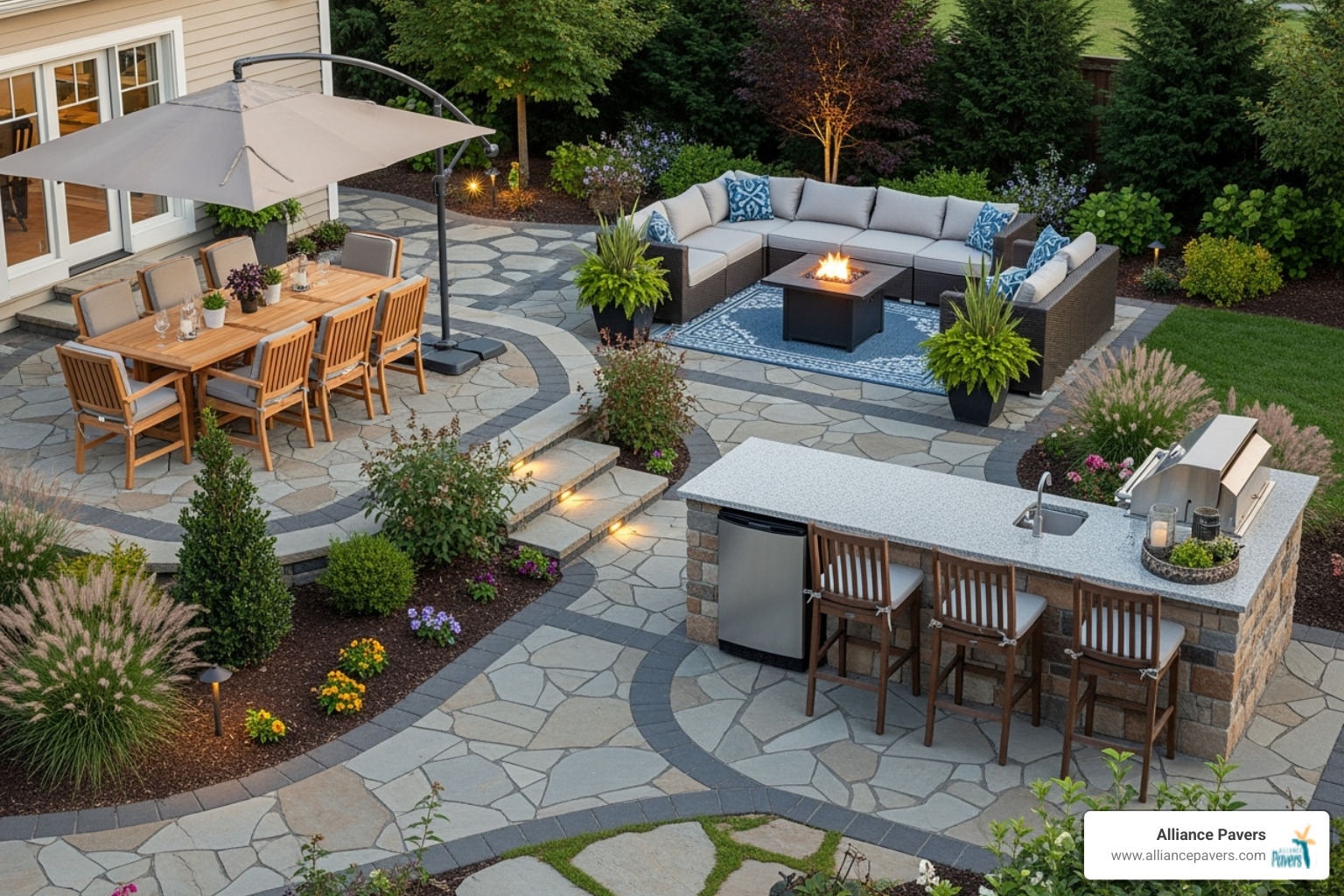 versatile backyard showing distinct zones for dining, lounging, and cooking - Outdoor living design