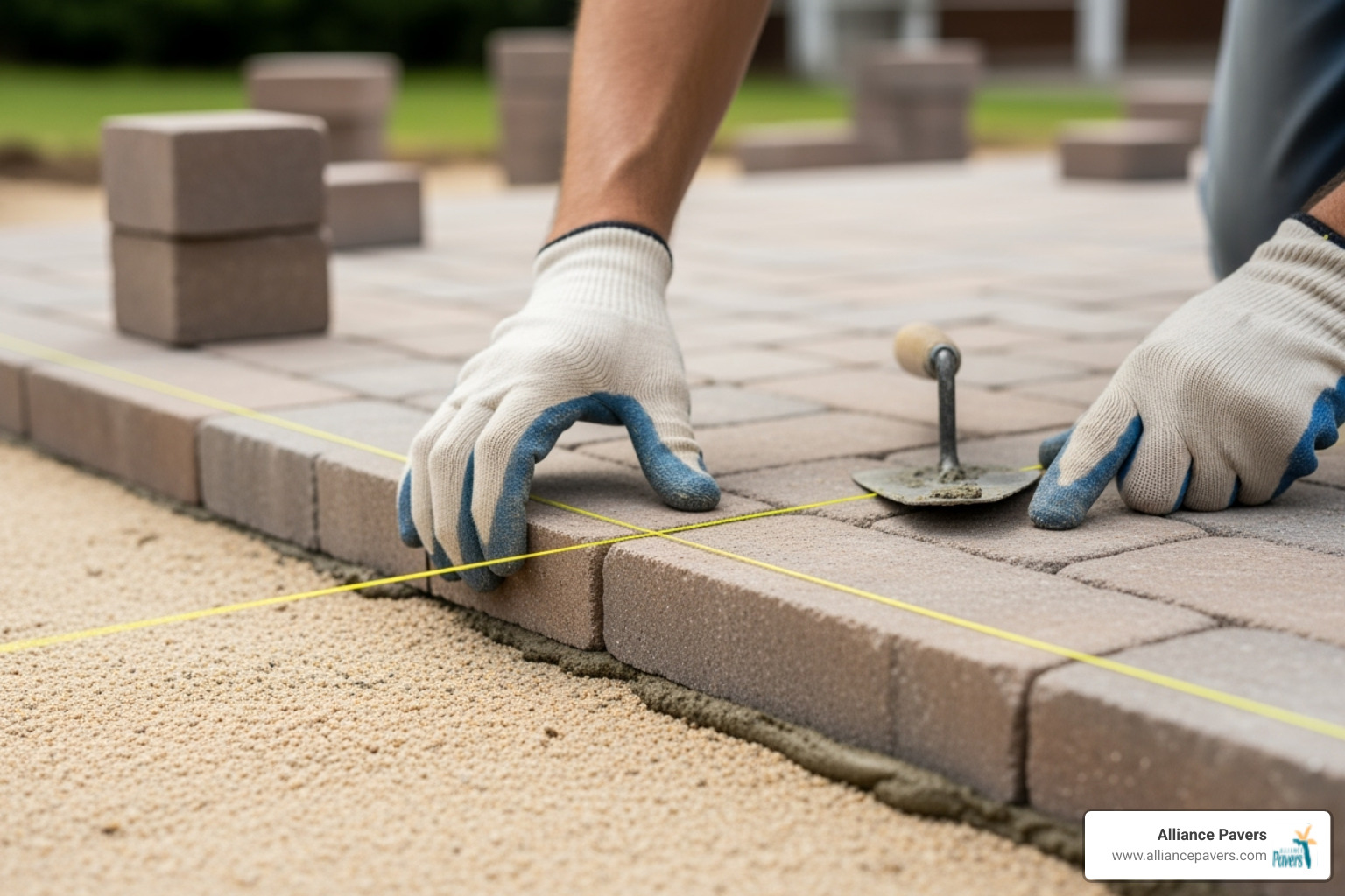 person carefully laying bricks using a mason's line for guidance - putting in a patio with bricks