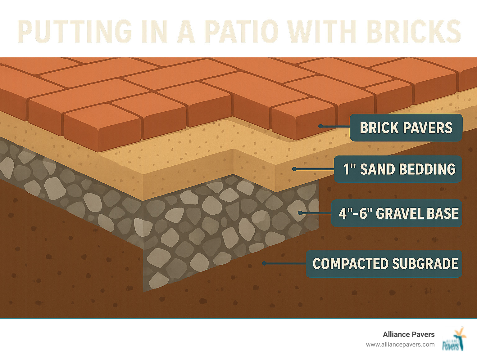 Cross-section diagram of a brick patio showing layers from bottom to top: compacted subgrade soil, 4-6 inch gravel base layer, 1 inch sand bedding layer, brick pavers on top, and polymeric sand filling the joints between pavers - putting in a patio with bricks infographic 