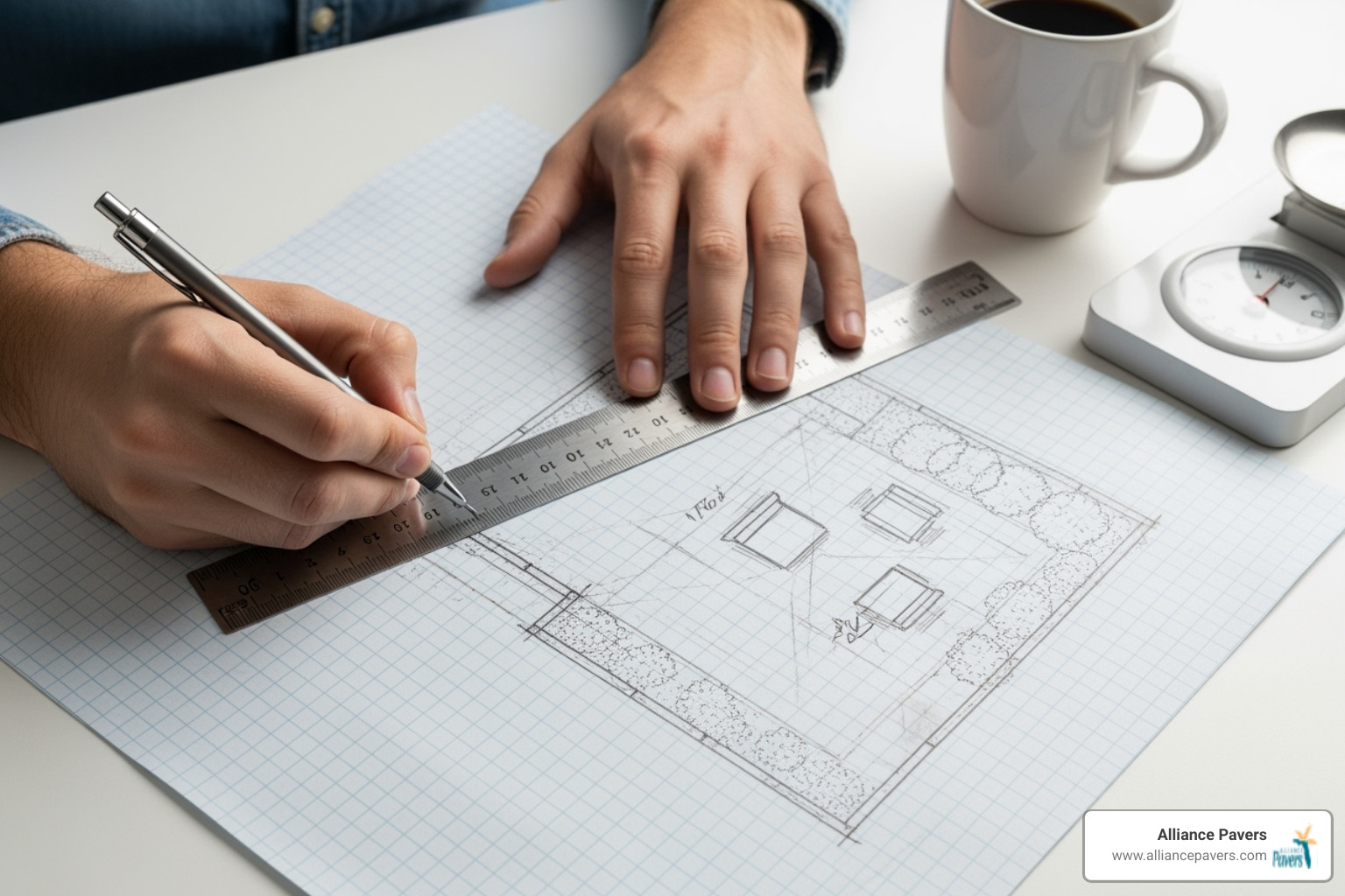 person creating a scaled drawing of a patio on graph paper - paver installation