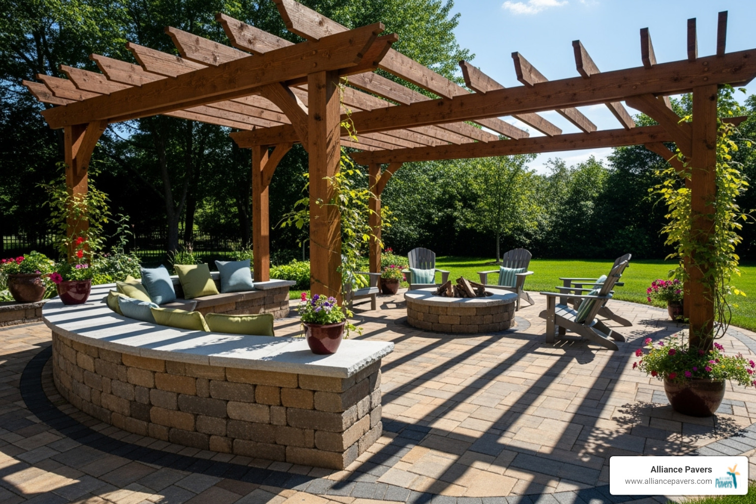 stunning paver patio with a built-in seating wall and pergola - extra outdoor room