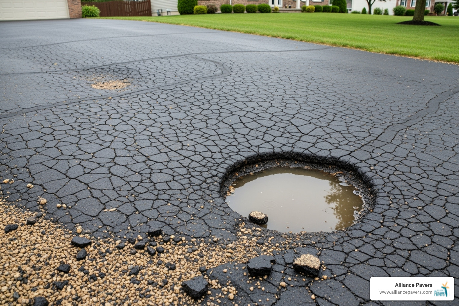 large, deep "alligator" cracks and a significant pothole in a driveway - driveway removal and replacement