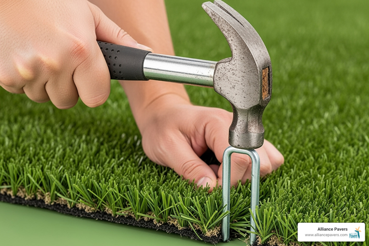 Landscape staples being hammered into the turf edge - Turf Installation