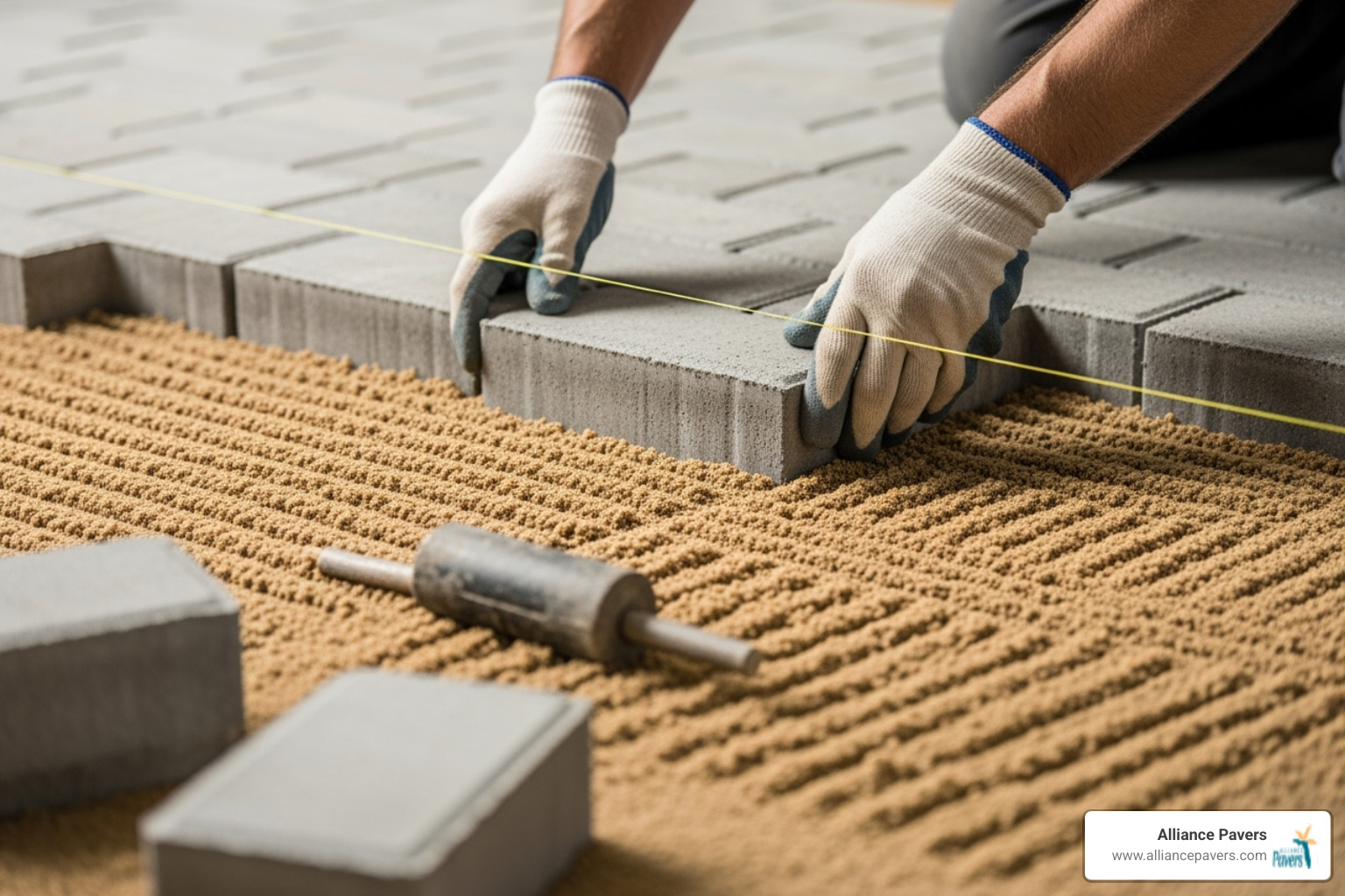 Pavers being laid in a running bond pattern - paver patio installation Pavers being laid in a running bond pattern - paver patio installation