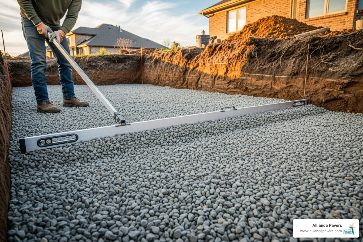 Compacted gravel base layer being leveled in an excavated area - paver patio installation Compacted gravel base layer being leveled in an excavated area - paver patio installation