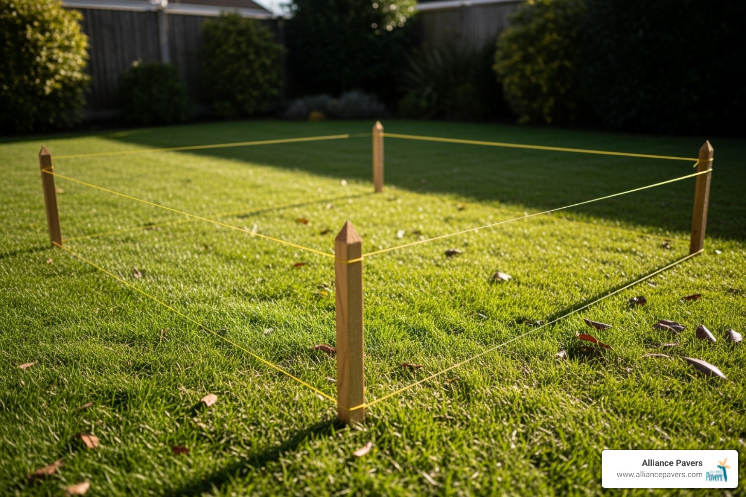Yard marked out with stakes and string lines for a new patio - paver patio installation Yard marked out with stakes and string lines for a new patio - paver patio installation