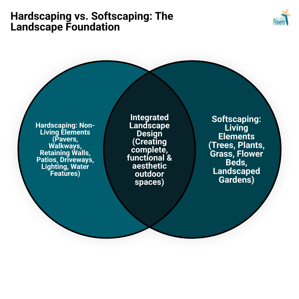 Infographic showing the difference between hardscaping elements like pavers, walkways, retaining walls, and patios versus softscaping elements like trees, plants, grass, and landscaped gardens - commercial hardscaper service infographic venn_diagram