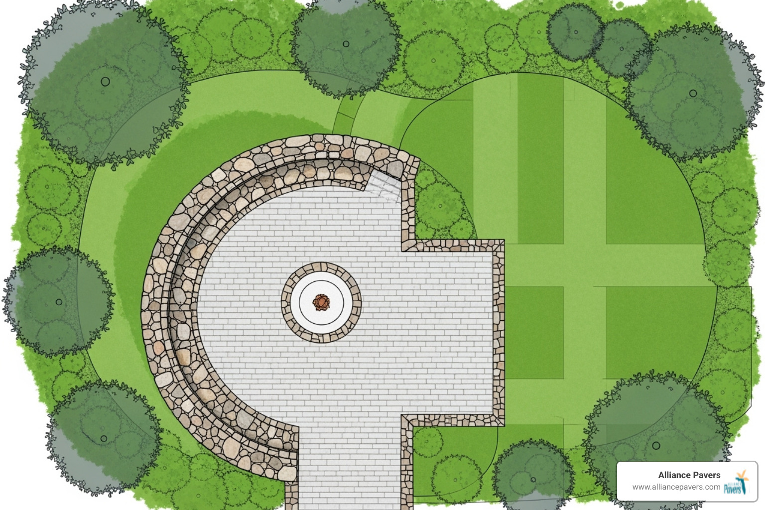 landscape design plan showing a curved seating wall - Seating Walls Installation