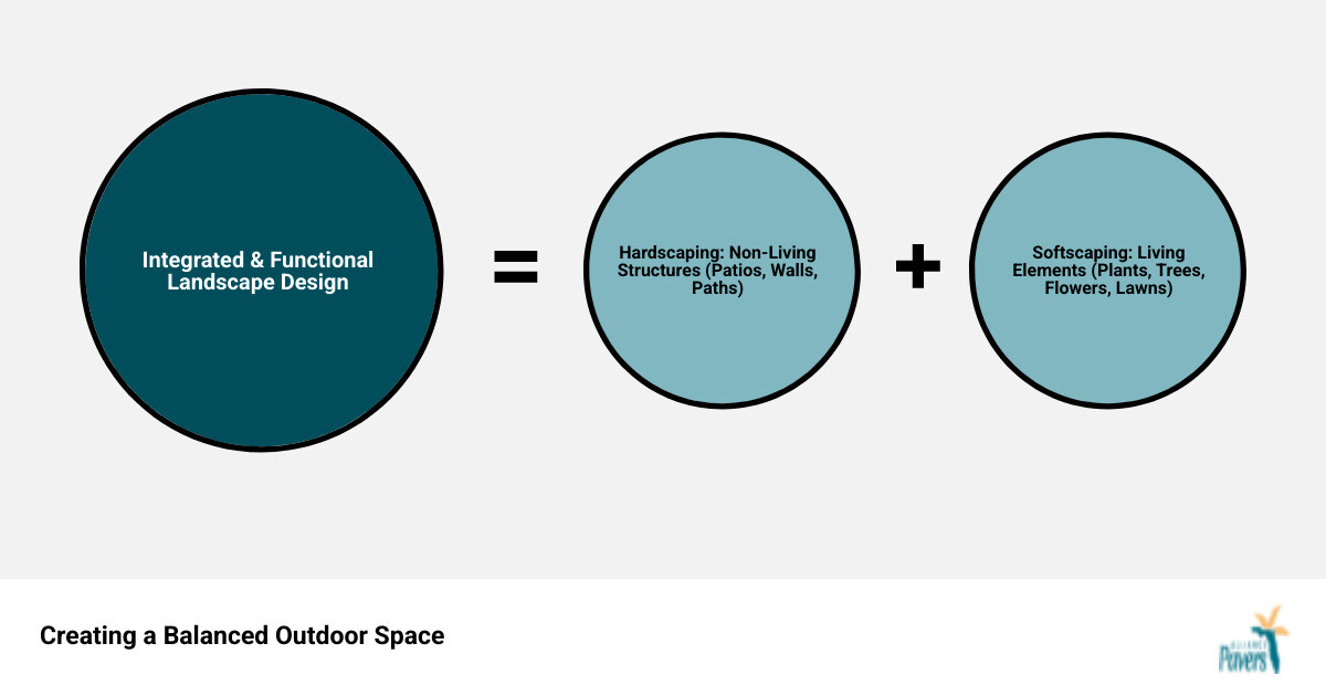 Infographic showing the differences between hardscaping and softscaping elements, with hardscaping materials like pavers, retaining walls, and walkways on one side, and softscaping elements like plants, trees, and flowers on the other side, demonstrating how they work together in landscape design - hardscaping services infographic sum_of_parts