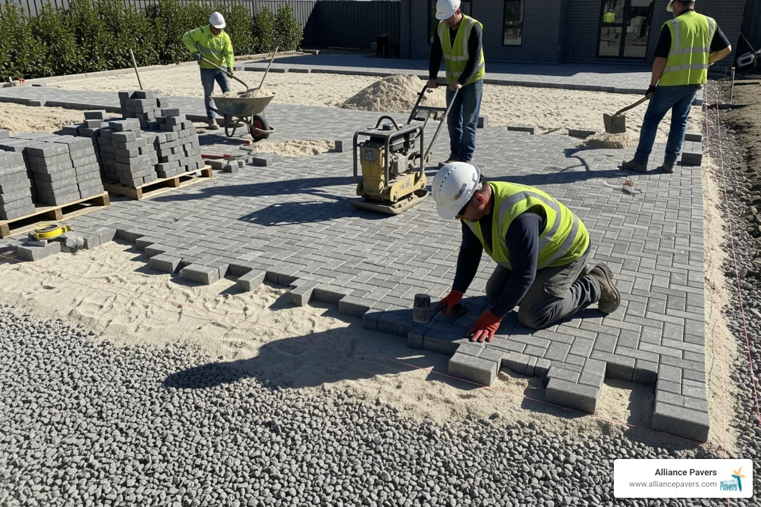 a paver driveway installation in progress, showing the base layer - brick paver installers near me