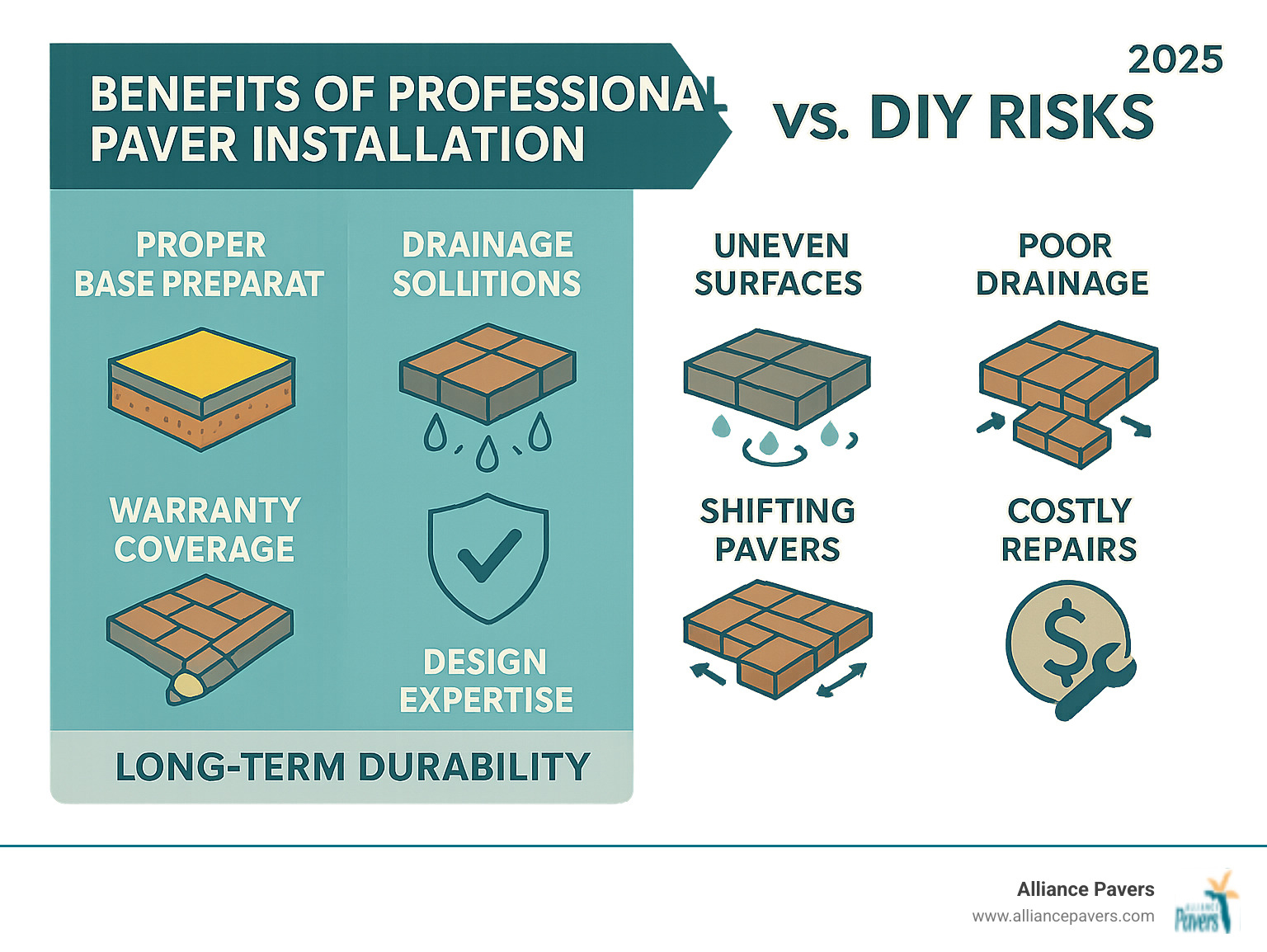 Infographic showing professional paver installation benefits including proper base preparation, drainage solutions, warranty coverage, design expertise, and long-term durability compared to DIY risks of uneven surfaces, poor drainage, shifting pavers, and costly repairs - brick paver installers near me infographic 